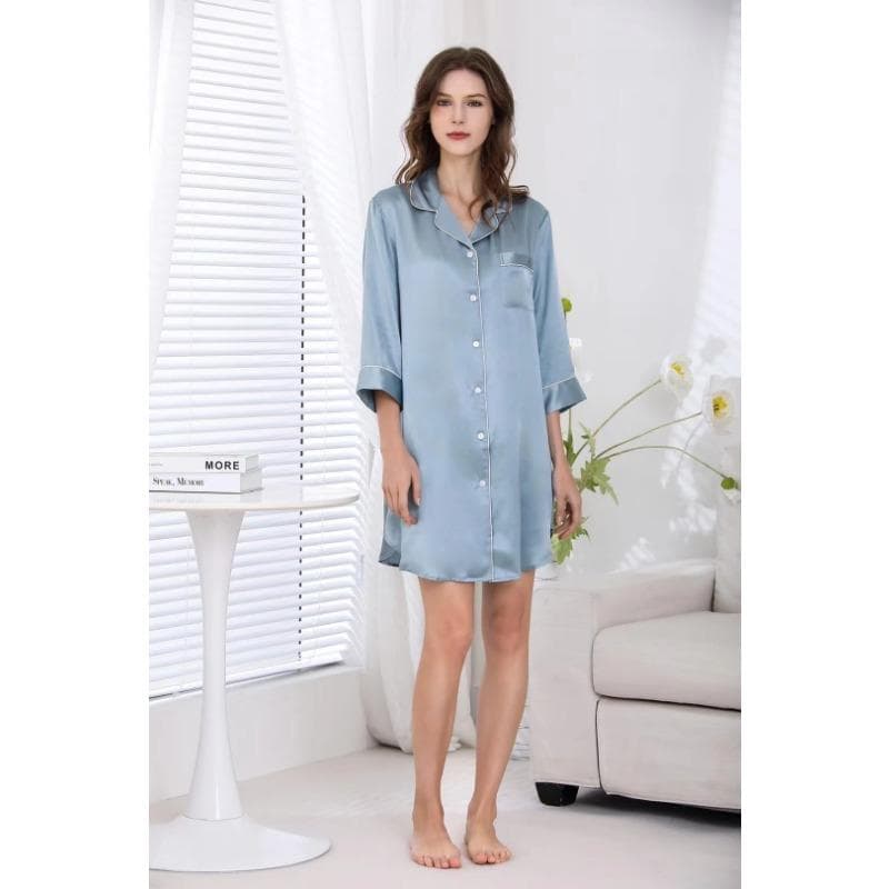 100% Mulberry Silk Dress Luxury Pure Silk Solid Color Classic Button Up Nightshirt M blue