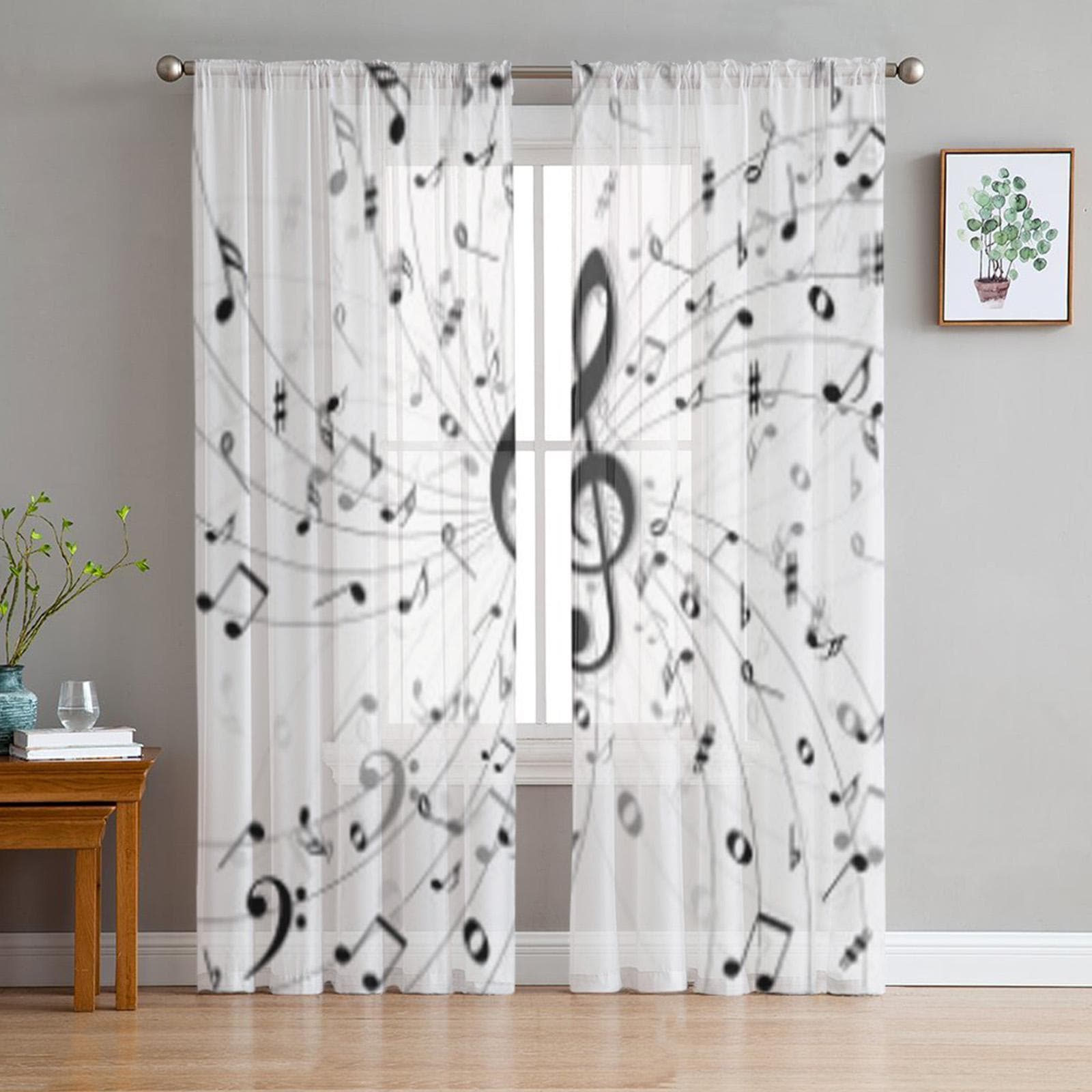 Music Black White Tulle Sheer Window Curtains For Living Room The Bedroom Modern Chiffon Voile Organza Curtains Decor Drapes 135W x 114H(cm)
