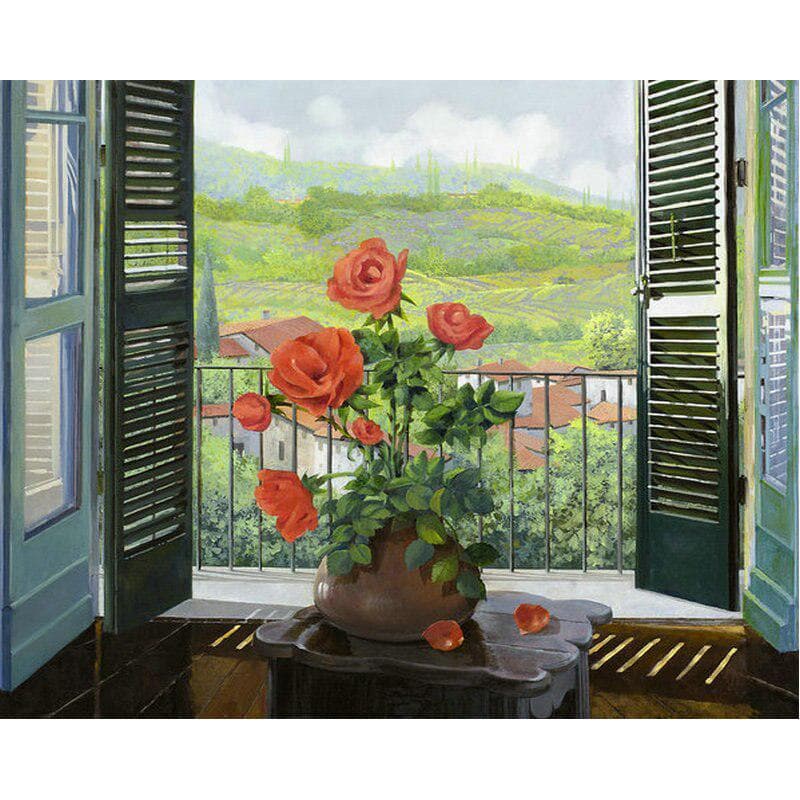 Diamond Painting 5d Window Sill Red Rose Picture of Rhinestones Home Decor Embroidery 20X30CM