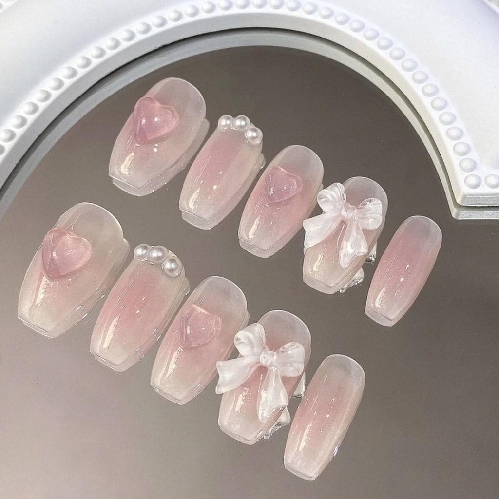Cute Pink Sweet Removable Handmade Wear Nail Art Girls Short Fake Nails Blush Bowknot Nail Patch S