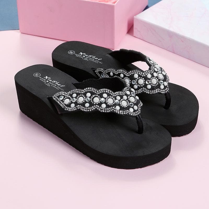 Slope-heeled Slippers Women's Rhinestone Clip Feet Eva Beach Wear Sandals Summer Fashion Holiday Flip-flop 40 black