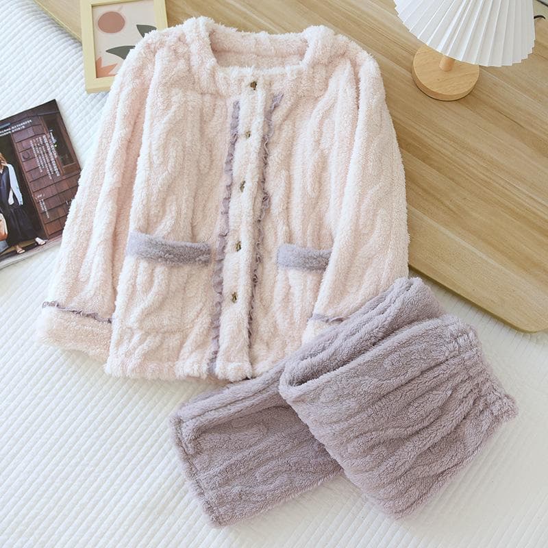 Winter New Style Women's Pajamas Set Simple Western Flannel Long Sleeve Pants Two Piece Coral Velvet Thickened Home Clothes Set XL