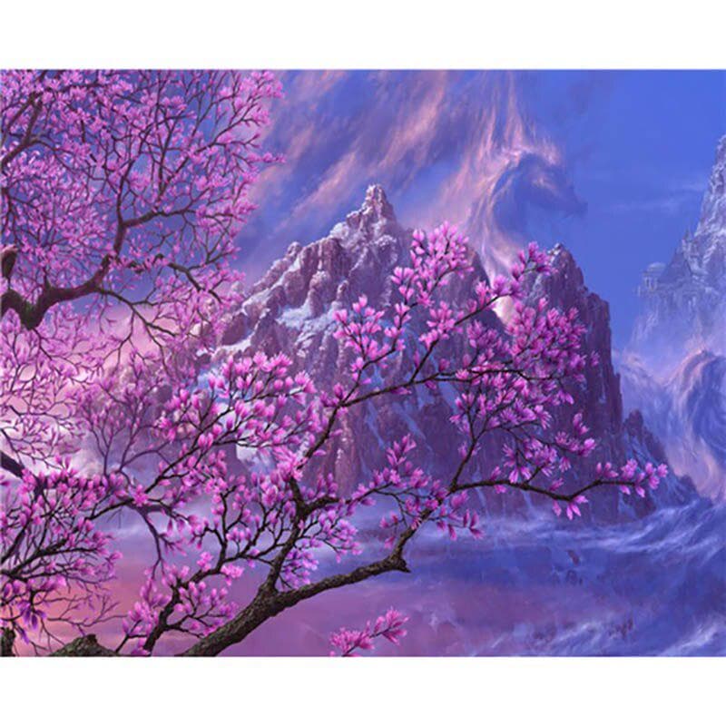 DIY Purple Flower Mountain Diamond Handmade Embroidery Sale Picture Acrylic Mosaic Home Decor 20X30CM