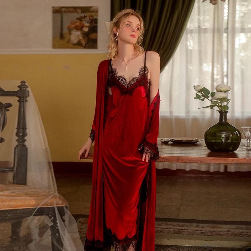 Sexy Pajamas for Women In Autumn Lace Sweet Solid Color Nightgown Long Soft and Comfortable Velvet Nightgown Set for Women L