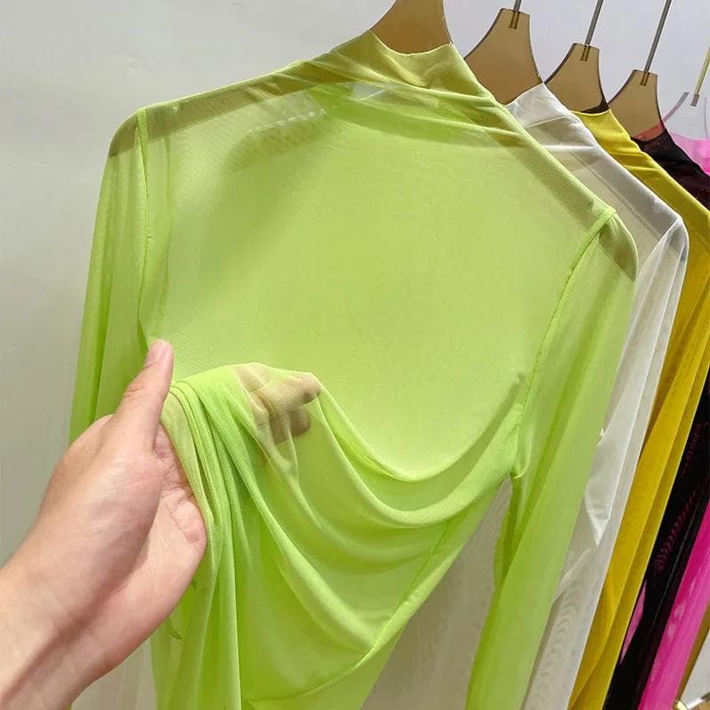 Perspective Transparent Mesh Bottom Shirt Women's Summer Long Sleeve Blouse Solid Gauze Sunscreen Clothing Ultra-thin Half High Collar Top L green