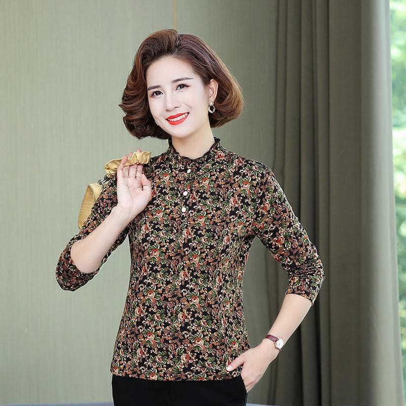 Spring and Autumn Long Sleeve T-shirt for Women New Style Middle-aged Mothers' Large-size Top Printed Half-high Collar and Floral Base Shirt 5XL