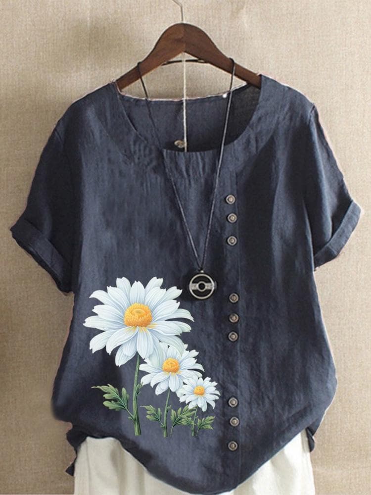 Women's Summer Round Neck Short Sleeve T-shirt Casual Cotton Linen Graphic Shirt Leisure Fashion Loose Daisy Prined Blouse Tops Plus Size 5XL dark blue