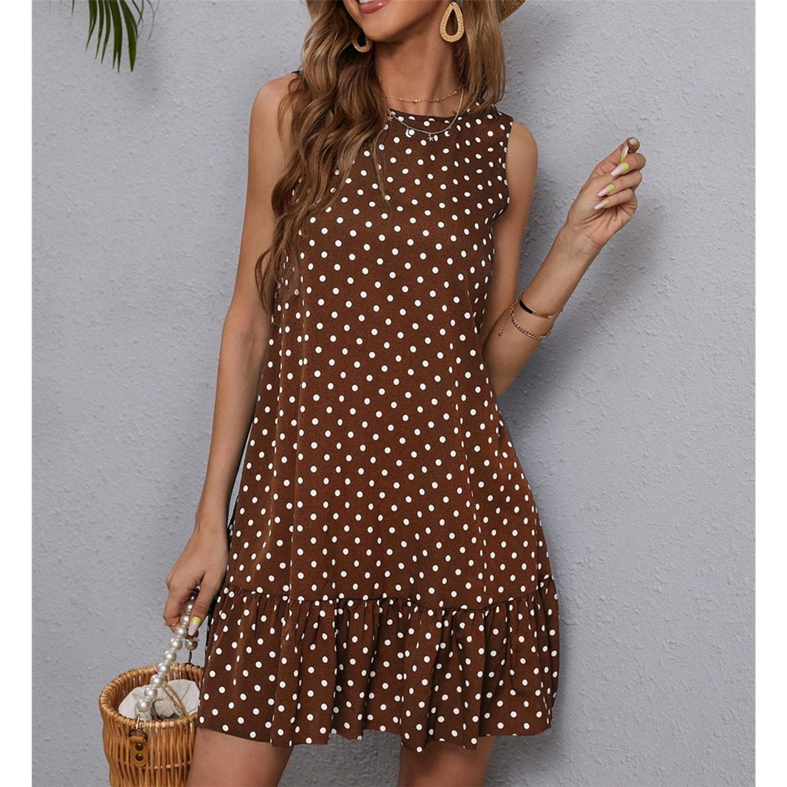 Women's Fashionable Printed SleevelessRound Neck Casual Dress XL coffee