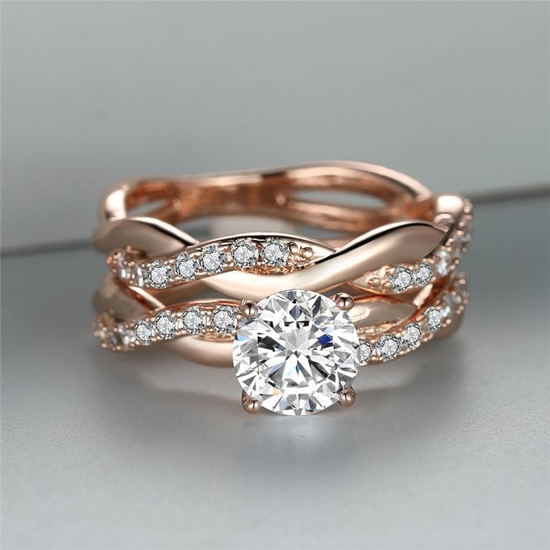 Womens Dainty Rose Gold Color Twist Round Cut White Stone CZ Zircon Ring Set Bridal Engagement Ring Wedding Band Anniversary Gift Size 5-13 8 white