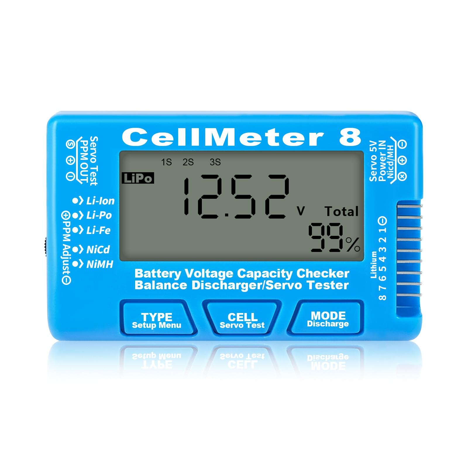 Digital Battery Checker 8 in 1 Li-ion Battery Tester Lipo LiFe NiMH Voltage Tester blue