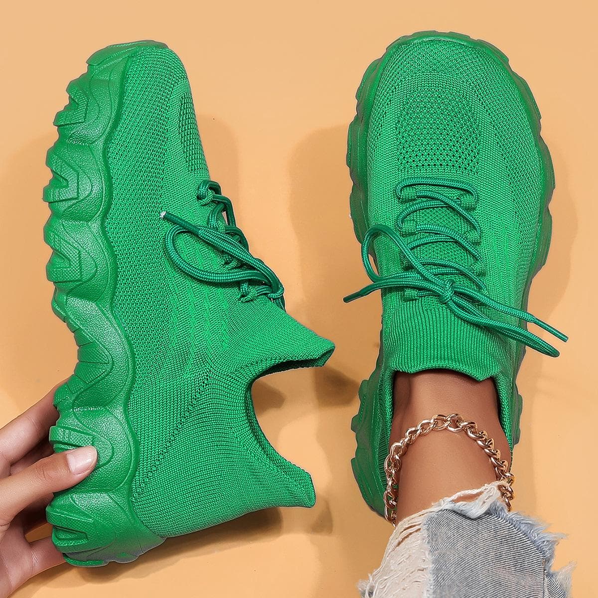 Platform White Shoes Women's New Ins Fashionable Autumn Versatile Muffin Lightweight Casual Sports Height Increasing Insole Women's Shoes 38 green