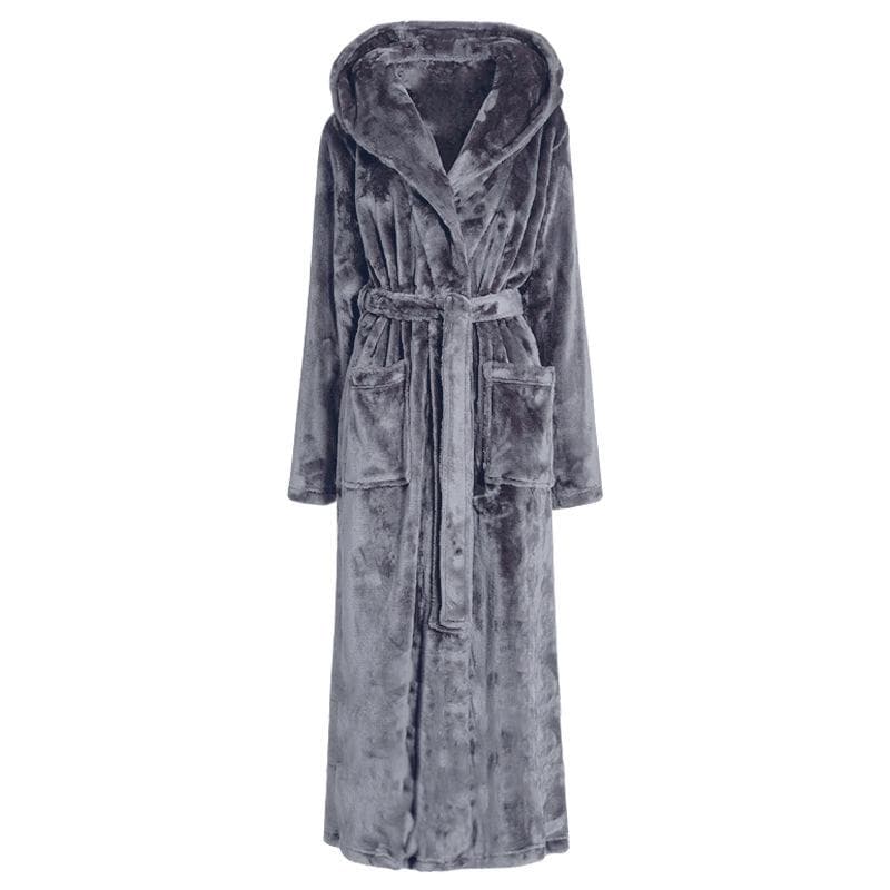 Thickened Flannel Hooded Robe Couple Long Bathrobe Gown Autumn Winter Warm Coral Fleece Sleepwear Nightgown Loose Home Wear 2XL grey