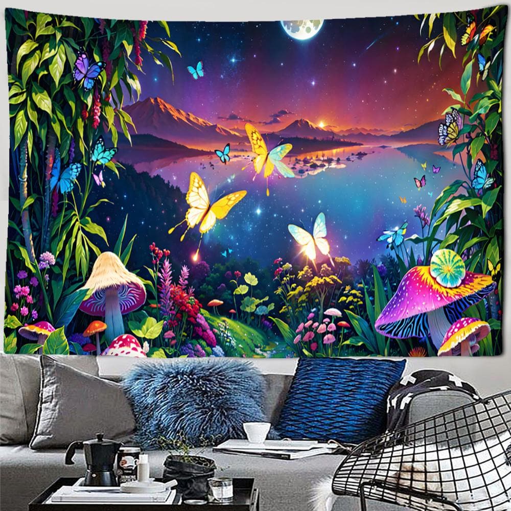 Psychedelic Butterfly Forest Tapestry Wall Hanging Abstract Mushroom Minimalist Witchcraft Hippie Dormitory Home Decor 150x100CM