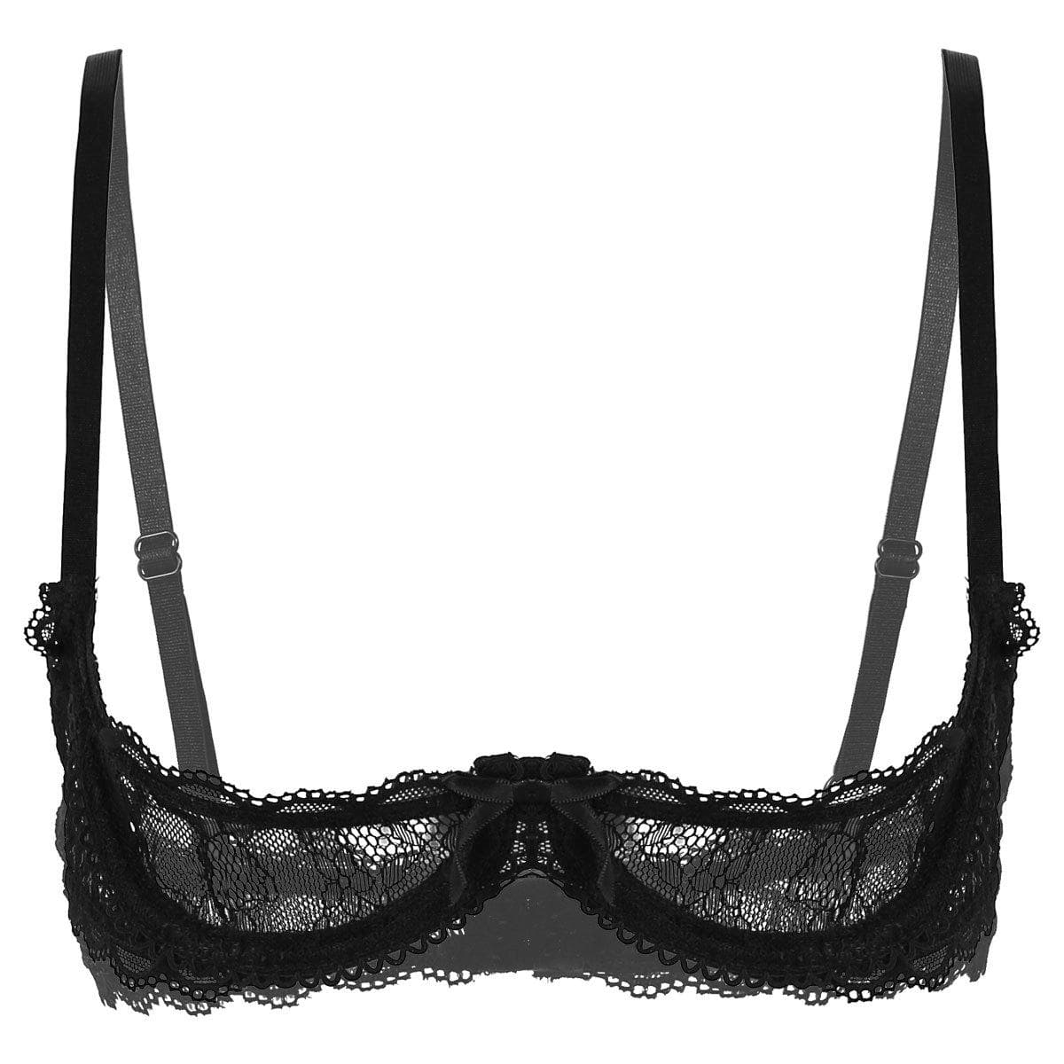 Adults Sheer Mesh Bra Featuring 1/4 Cups and Decorative Lace Details for Everyday Wear black