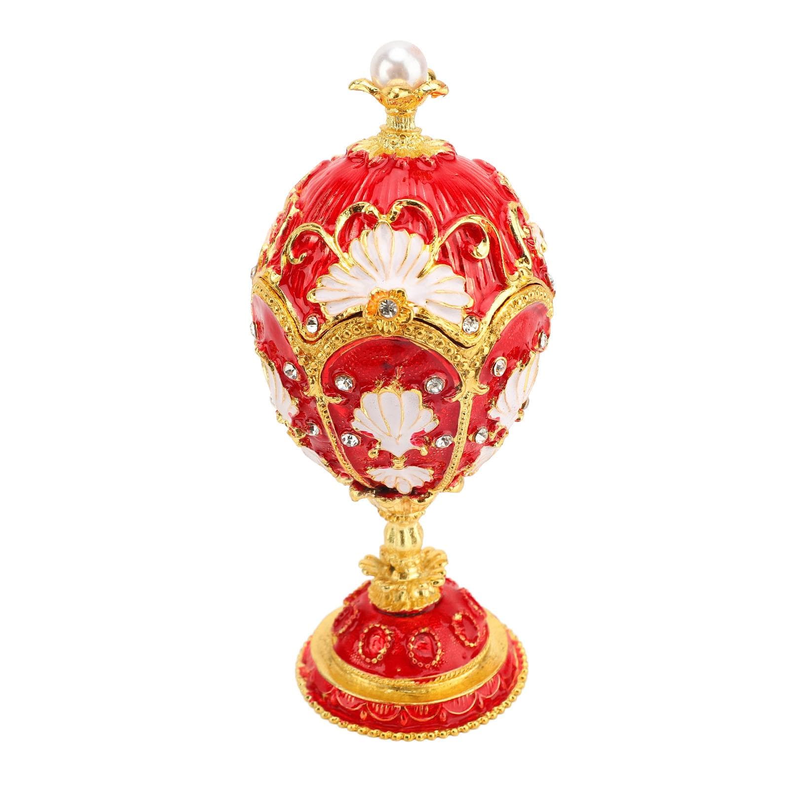 Egg Style Trinket Box Hinged Enamelled Rhinestones Multifunctional Home Decor Alloy Vintage Jewelry red