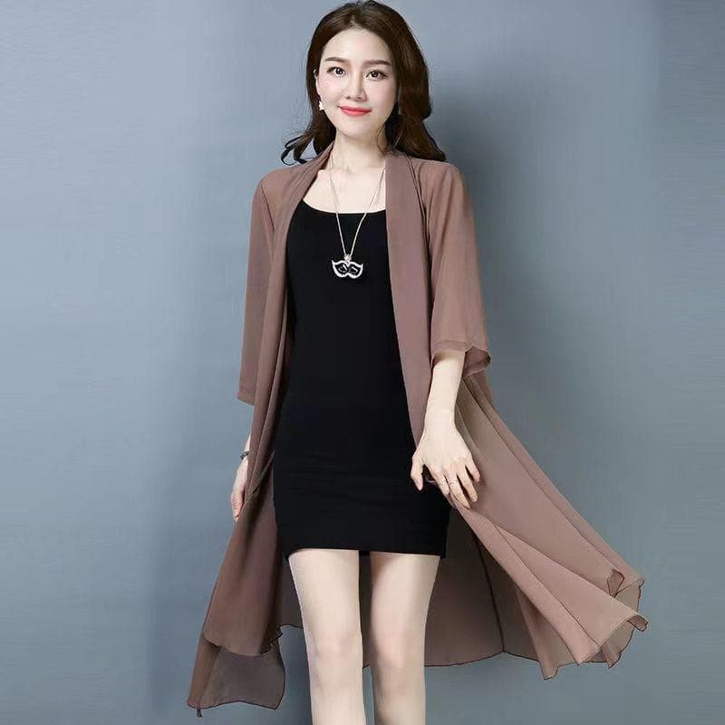 Summer Chiffon Shirt Medium Length Ultra Thin Coat Women's Sunscreen Shirt Air Conditioning Shirt Solid Color Shawl Cardigan XL tan