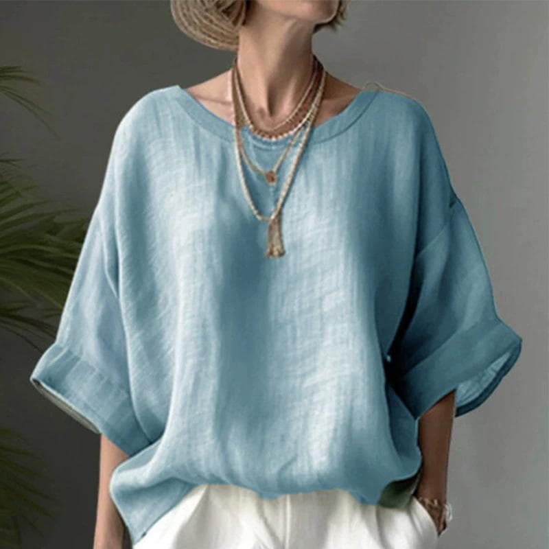 Summer Women's Short Sleeve Round Neck T-shirt Ladies Casual Linen Shirts Plus Size Blouse Tops M sky blue