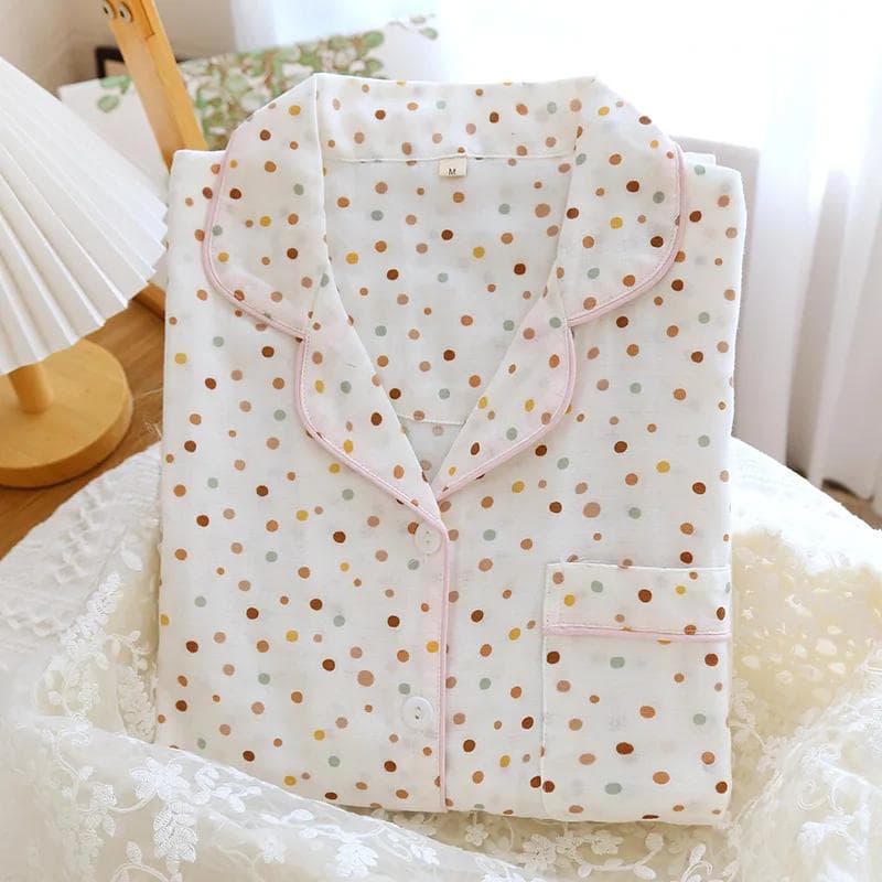 Spring and Summer New Women's Pajamas Set 100% Cotton Double-layer Gauze Long-sleeved Two-piece Set Cartoon Cute and Sweet Home XL