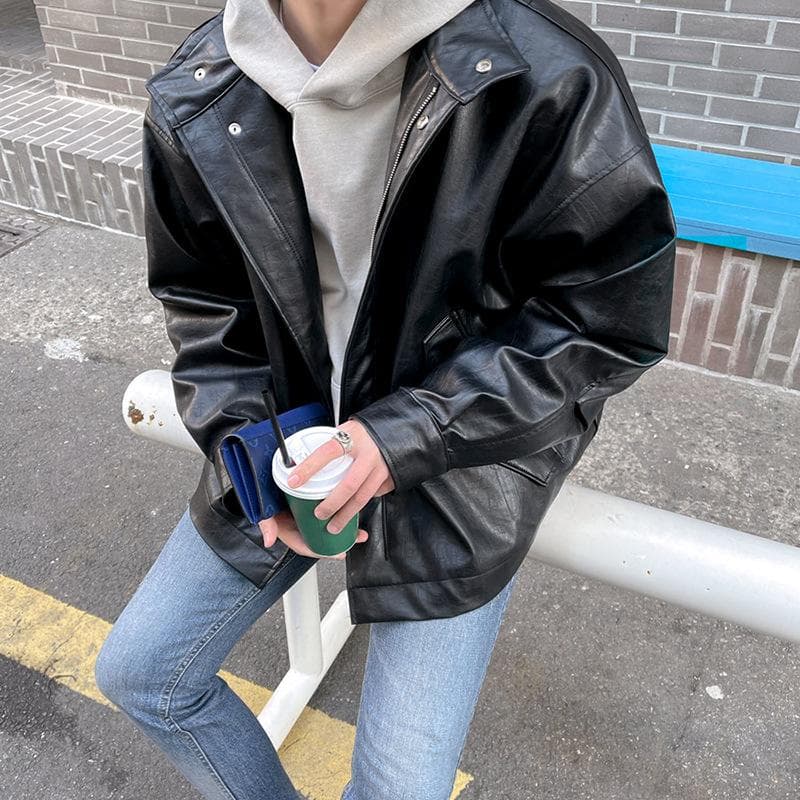Motorcycle Leather Jacket for Men In Autumn and Winter Thickened Korean Style Trendy Loose Handsome Retro Workwear Leather Jacket Jacket 2XL black