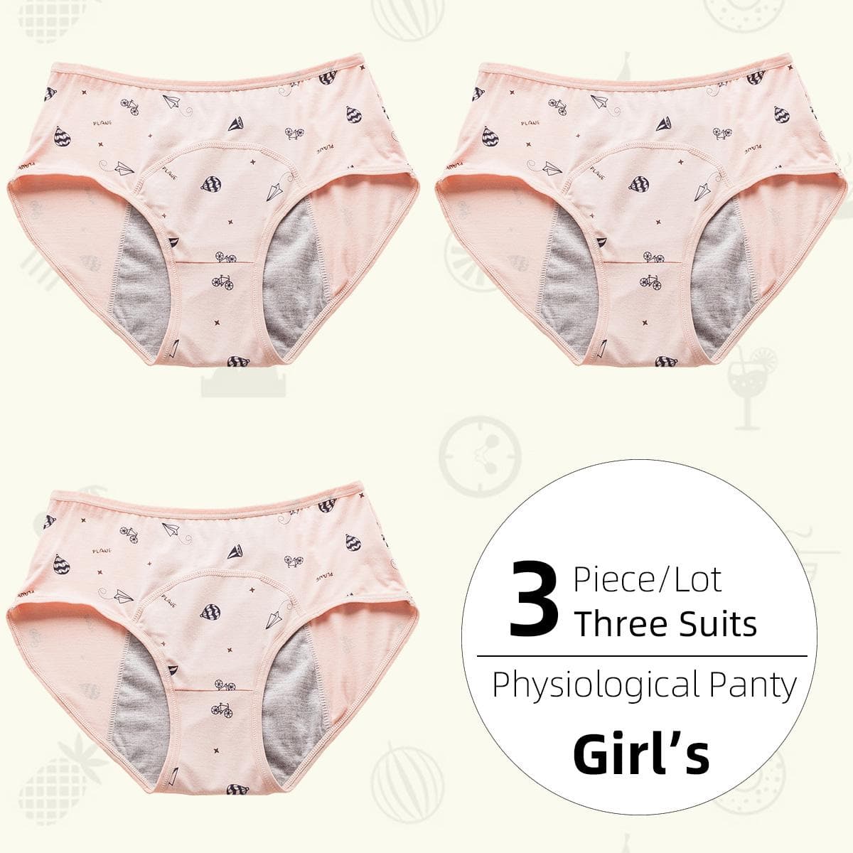 3Pieces/Lot Girls' Physiological Panty Underwear Leak-Proof Girls' Menstrual Special Sanitary Safety Pants Student Underwear Briefs M