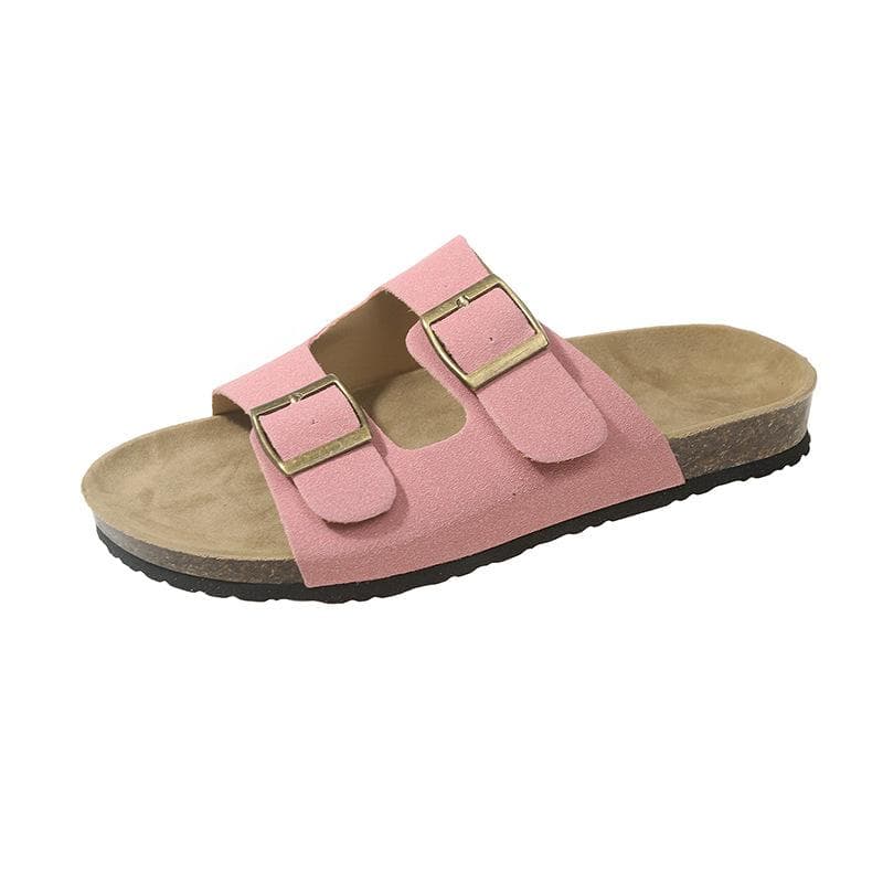 Retro Thick-soled Boken Shoes for Women Summer Double Buckle Round-toe Slippers Anti-slip Beach Shoes 43 pink