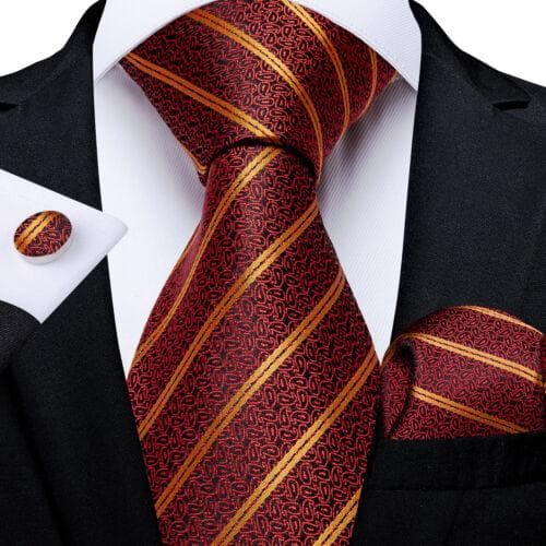 DiBanGu Red Blue Gold Gray Mens Silk Stripped Woven Tie Necktie Hanky Cufflinks N-7316