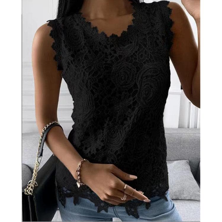 Plus Size Floral Vest Camisole Summer Tops Fashion Lace Blouse Women Jacquard Sleeveless Shirts Casual Women Vintage T-Shirt XL black