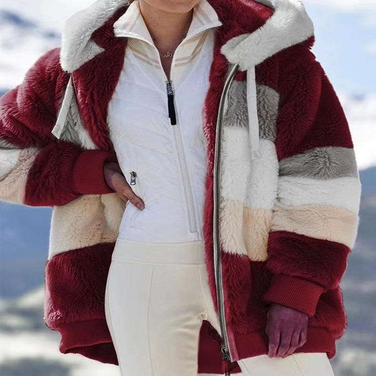 Europe United States 2024 Autumn Winter Warm Plush Zipper Pocket Hooded Loose Jacket Women 4XL wine red