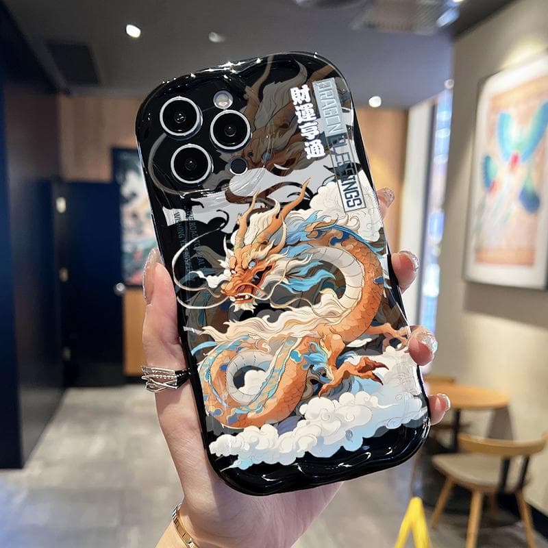 Cream Wave Curved Silicone Glossy Soft Case Chinese Dragon Printed Shell Mobile Phone Back Cover for iPhone Samsung Xiaomi Redmi Note 8