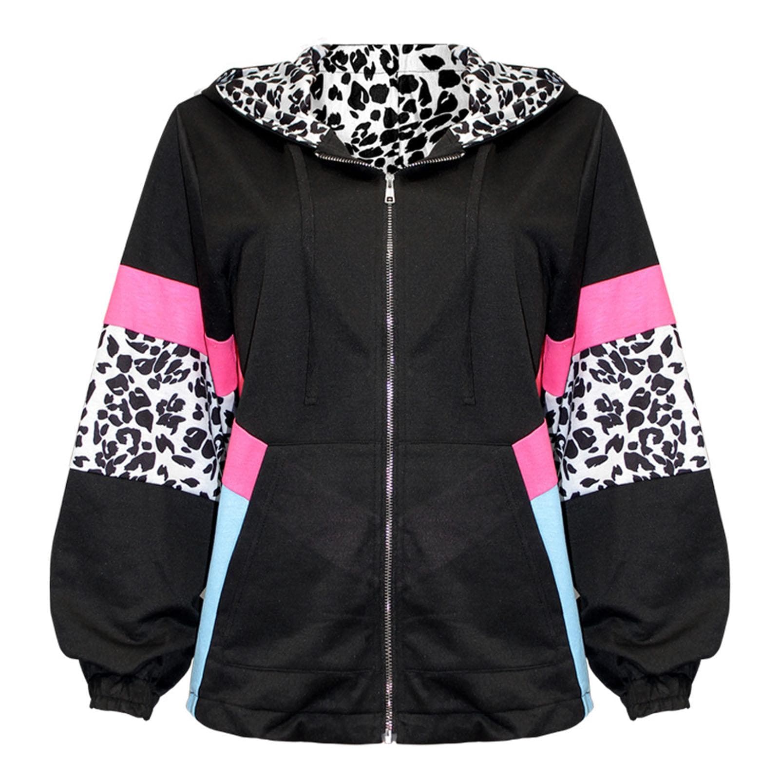 Women Jacket Long Sleeve Zip Up Hooded Patchwork Drawstring Jacket for Work Dating Black XXL XXL black