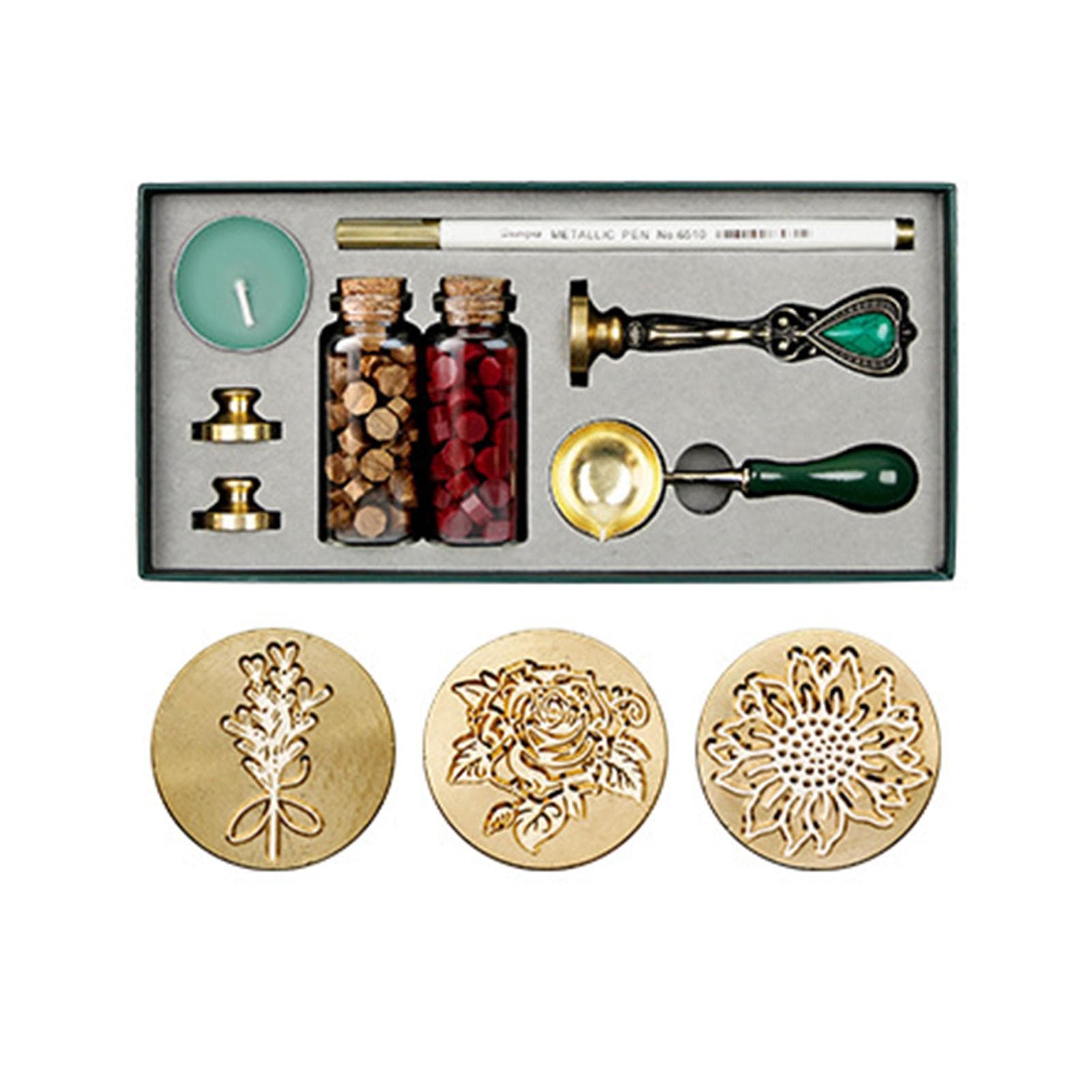 Retro Wax Seal Kit Sealing Wax Beads Wax Melting Spoon Wax Seal Stamp Candle Replaceable Copper Style 9