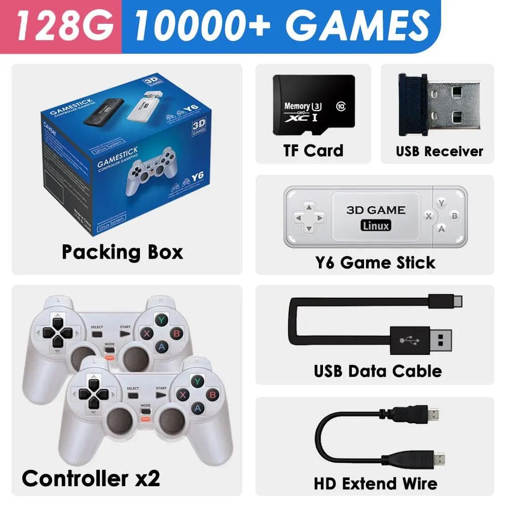 Y6 2.4G Wireless Game TV Stick Retro PS1 Family 4K HD Portable Video Game Console Support Multiplayer 10000+ Games for GBA 128G