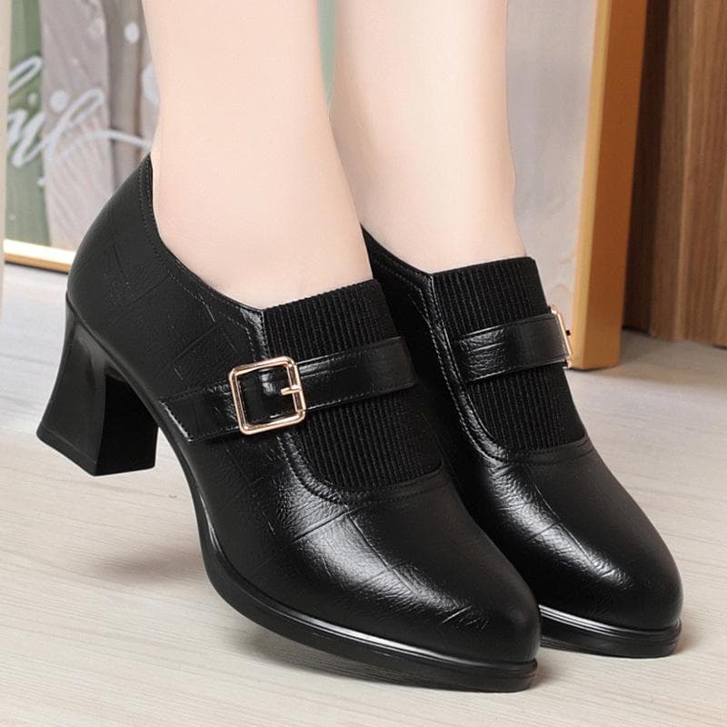 Fashion Comfortable Deep Mouth Soft Leather Shoes Women Pumps 2024 Spring Med Block Heels Shoes For Office Mom Model Daily 40(Foot25cm)