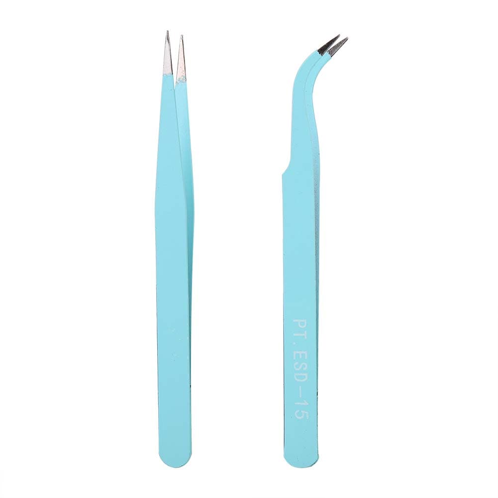 2Pcs Stainless Steel Nail Art Tweezers Anti static Straight Curved Head Manicure Tweezers Blue blue
