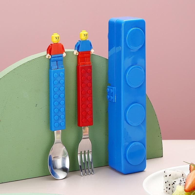 Stainless Steel Kids Funny Fork Spoon Set Children Building Block Toys Cartoon Tableware Portable Jigsaw Puzzle Toys