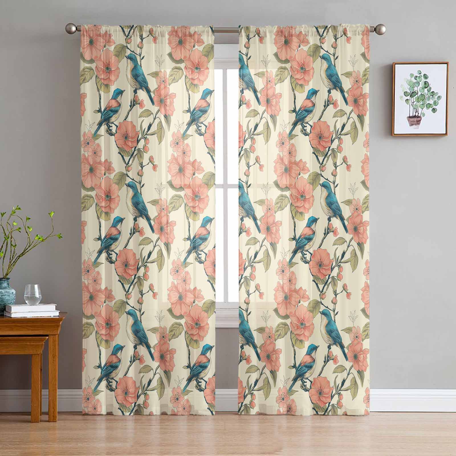 Plant Bird Branches Tulle Window Curtains for Bedroom Luxury Home Decor Drapes in Living Room Chiffon Panels 135W x 114H(cm)