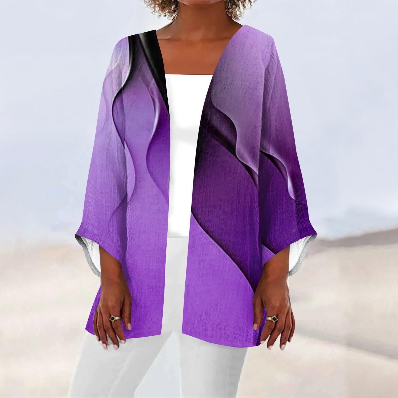 Women's Casual Fashion Printed Lightweight Mid-length Jacket Cardigan XXXXXL purple