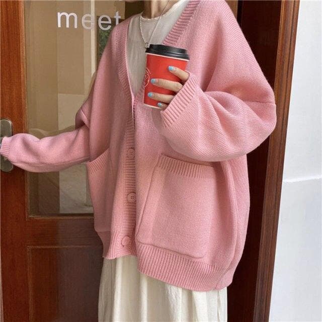 Beautiful Spring Fashion Women's Cardigan Korean Style Simple V-neck Knitted Top Plus Size Women S pink