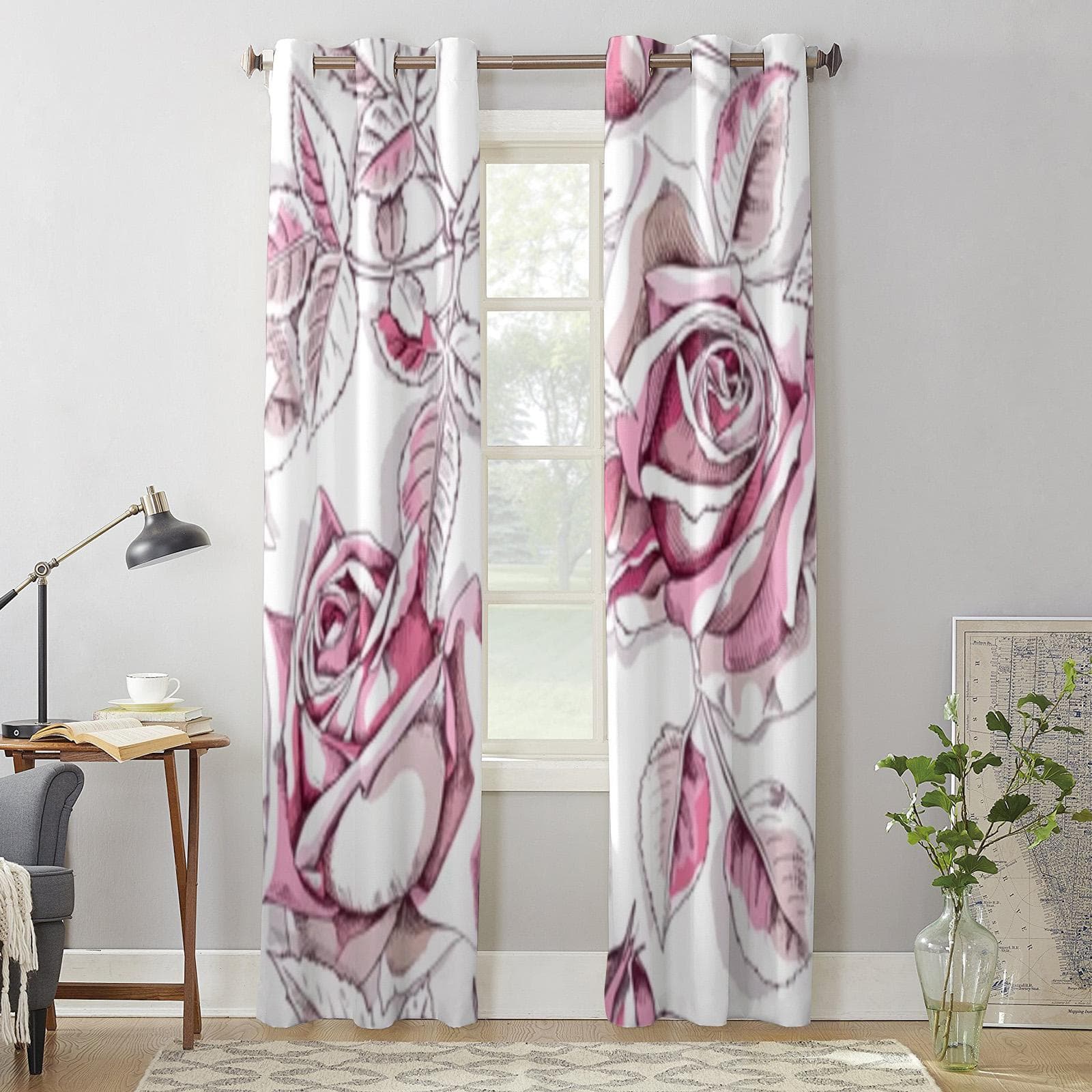 Pink Rose Flowers And Leaves Window Curtain For Kids Room Home Blinds Curtains For Living Room Bedroom Window Drapes 135W x 60H(cm) x1