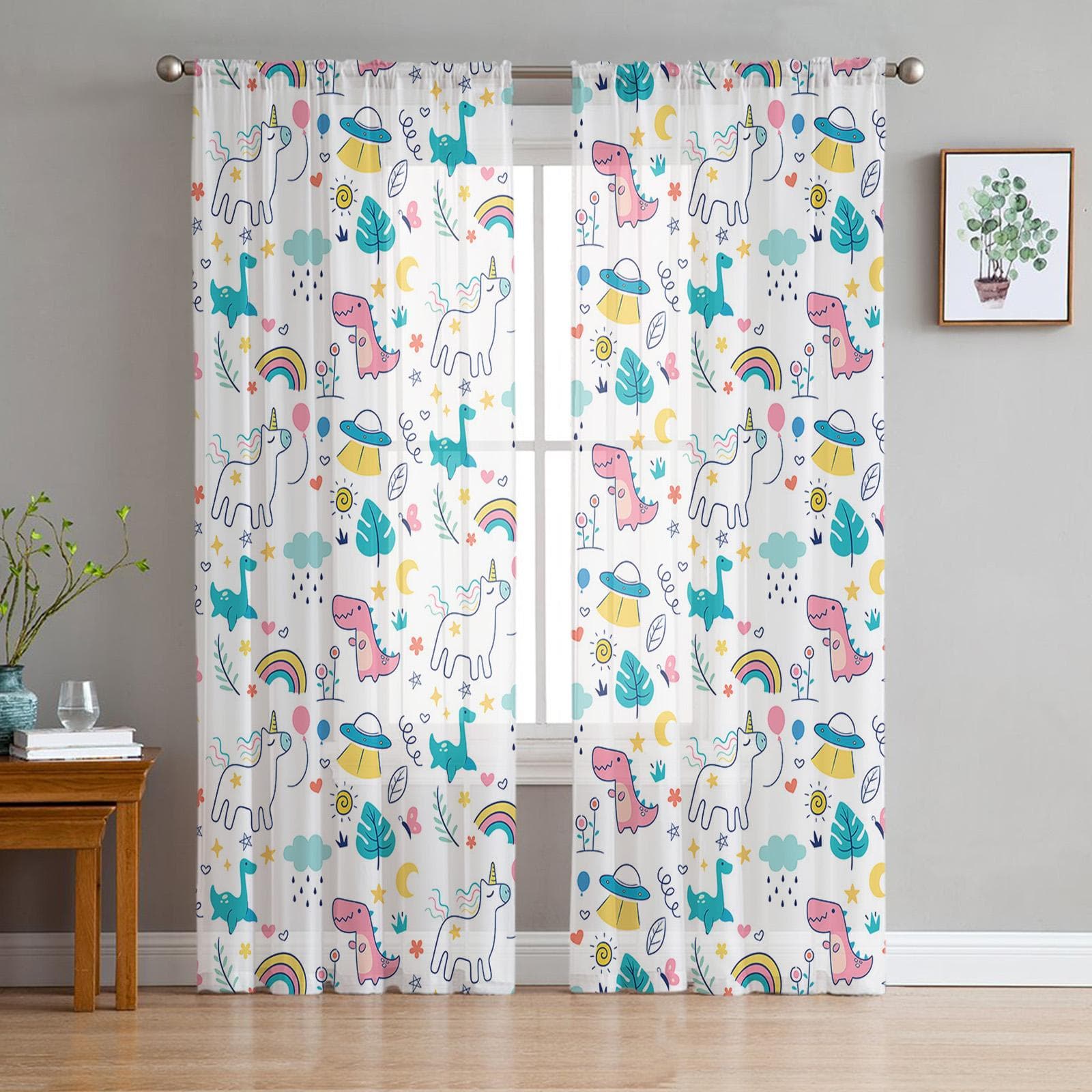 Youth Bedroom Sheer Curtains Dinosaur Cartoon Color Cactus Kitchen Study Curtains Living Room Holiday Decor Tulle Curtains 135W x 114H(cm)