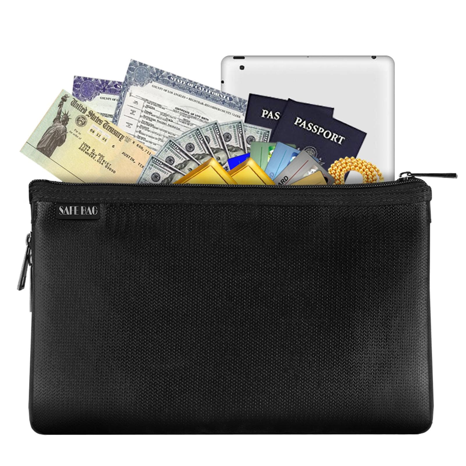 Small Fireproof Money Bag Fire and Water Resistant Expandable Document Bag Safe Storage Pouch black