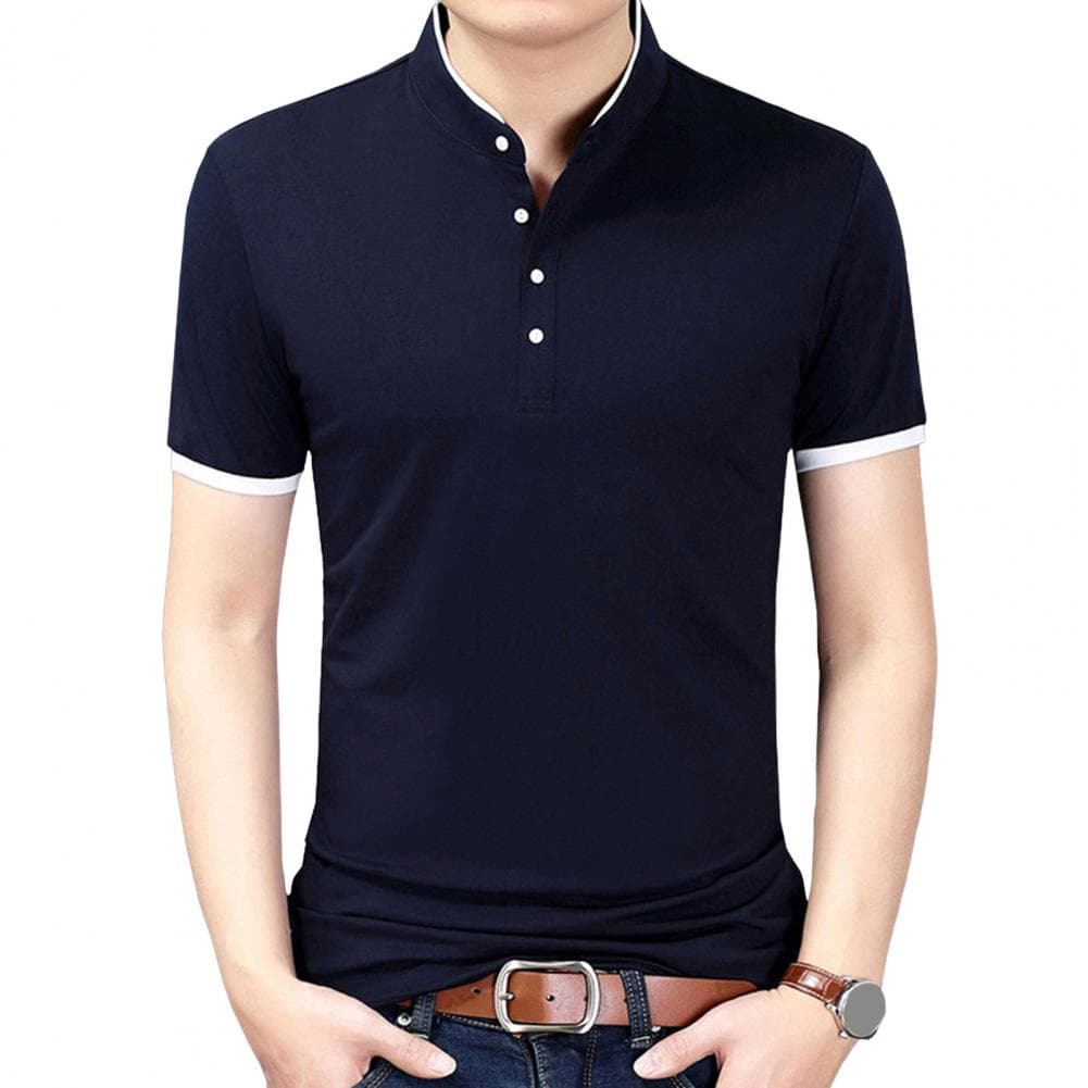 Summer Men Shirt Stand Collar Slim Fit Short Sleeves Solid Color Plus Size Buttoned Thin Pullover Formal Business Style Office T L navy blue