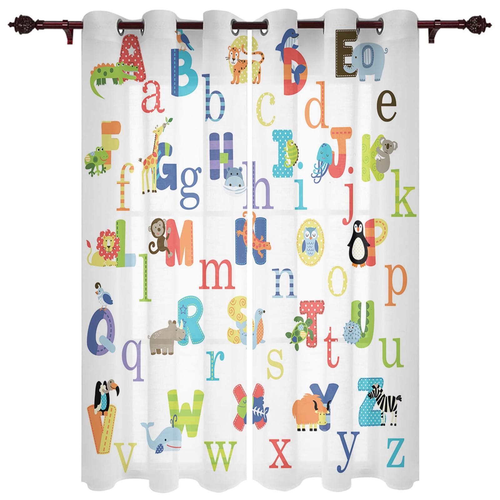Modern Window Curtains for Living Room Cartoon Children English Alphabet Curtains for Child Bedroom Kitchen Decor Blinds Drapes 135W x 135H(cm) x1