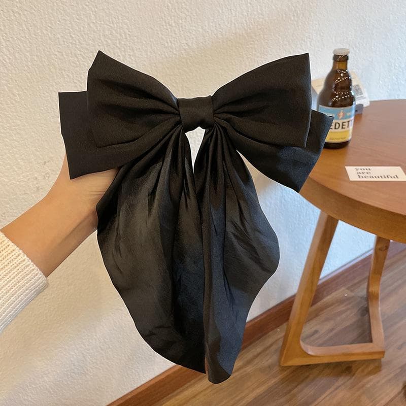 French retro hair clip oversized bow headdress temperament satin spring clip sweet hair ring hair black