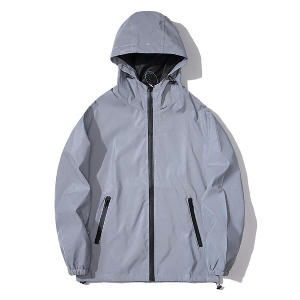 Men Streetwear Jacket Reflective Hooded Jacket for Men with Windproof Design Zipper Closure Double Pocket Ideal for Climbing XL grey