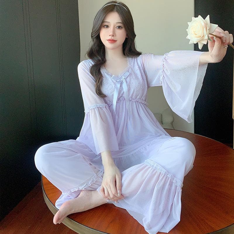 Princess Style Mesh Pajamas Long Sleeve Pajamas Set Girls Sweet Home Clothes Spring Summer Pajamas Modal Shirts Pants Home Clothes 2XL