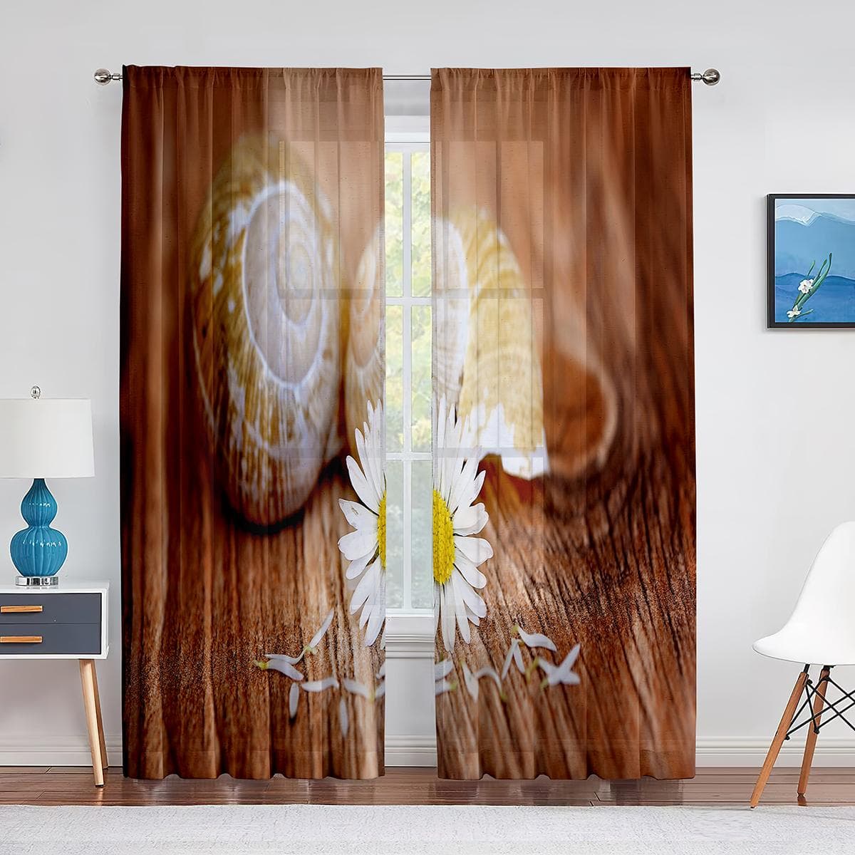 Seashell Starfish Beach Conch Shell Nautical Blue Wooden Sheer Curtains for Living Room Bedroom Decor Tulle Voile Window Curtain 1 PCS W100XH250cm&Grommet Top