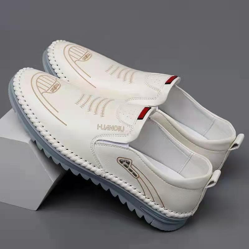 Leather Shoes Men's New Fashion Soft Leather Casual Leather Shoes Car Stitching Peas Shoes Soft Bottom Men's Shoes 42 white