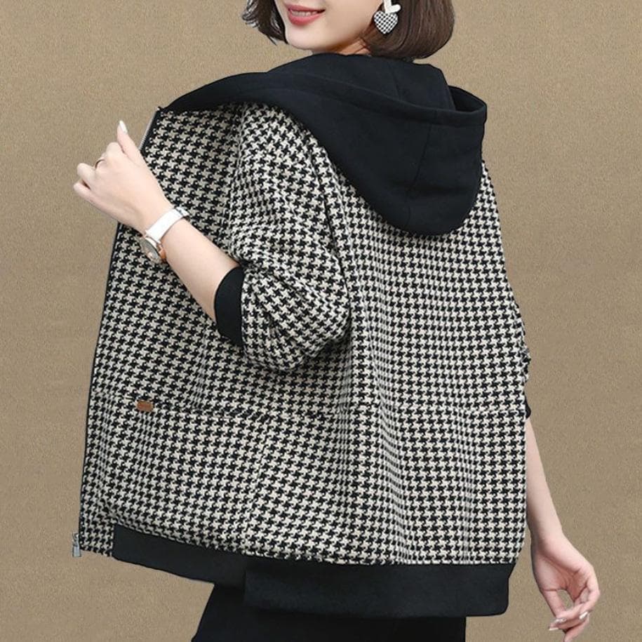 Women's Short Jacket Houndstooth Small Fragrance Large Size Casual Windbreaker Mom Spring and Autumn Top L black