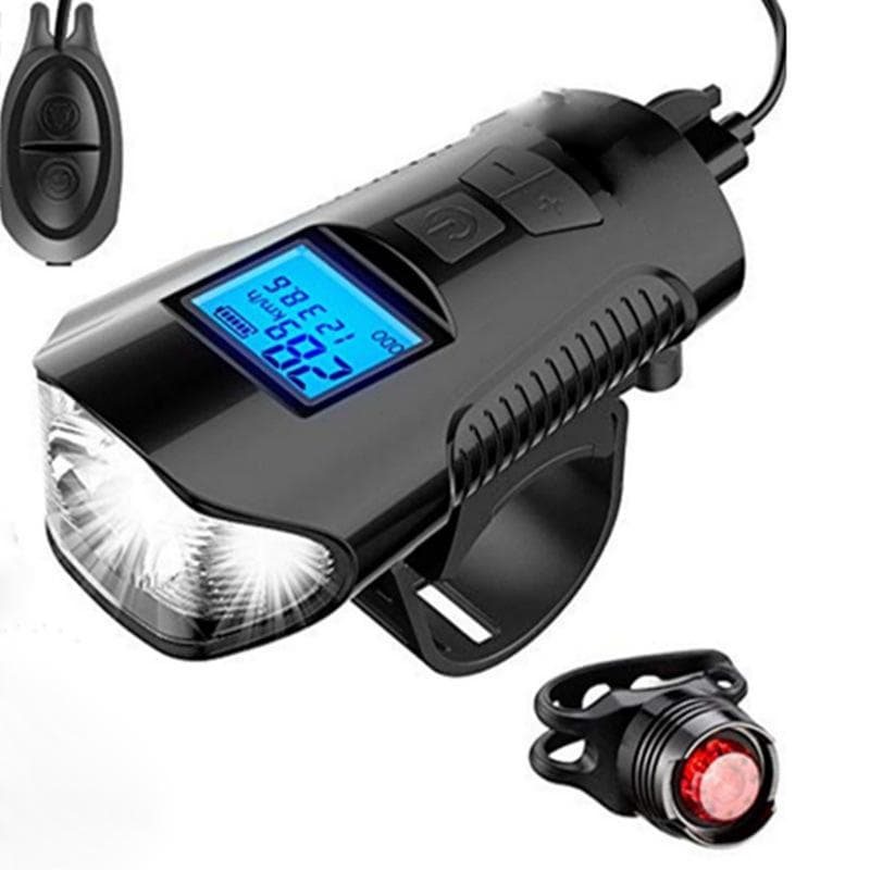 Bicycle Light USB Rechargeable Bike Odometer Front Light Flashlight with Computer LCD Speedometer Cycling Head Lantern Horn